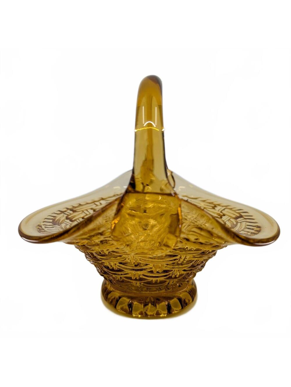 Vintage Amber Pressed Glass Basket Basketweave Design Applied Handle